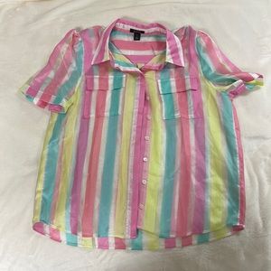 Button down top with multicolored and clear mesh stripes